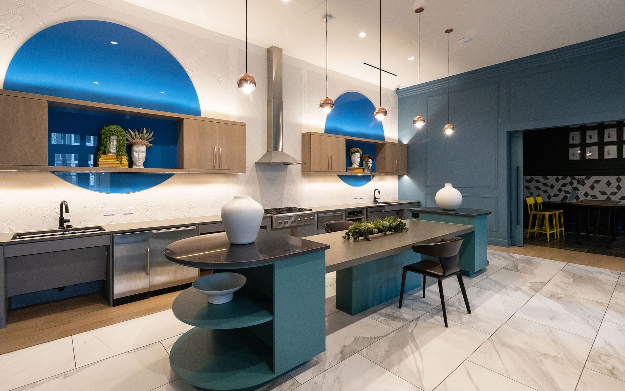Curated visual reference: Fresh Look at Vibrant Back Painted Glass At The Margo Apartments In Dallas